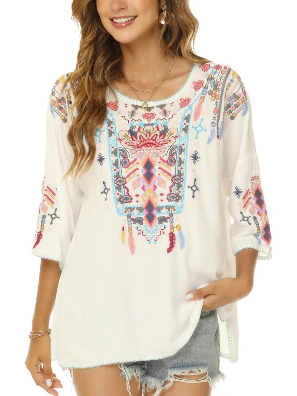Bohemian Style Mexican Embroidered Blouse - 3/4 Sleeve Summer Tunic Top
